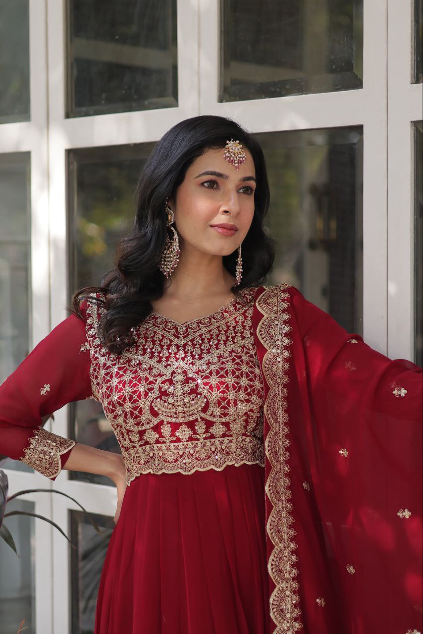 Teeya Creation Maroon Color Faux Georgette Heavy Embroidery Work Fully Stitched Gown | Grocsy