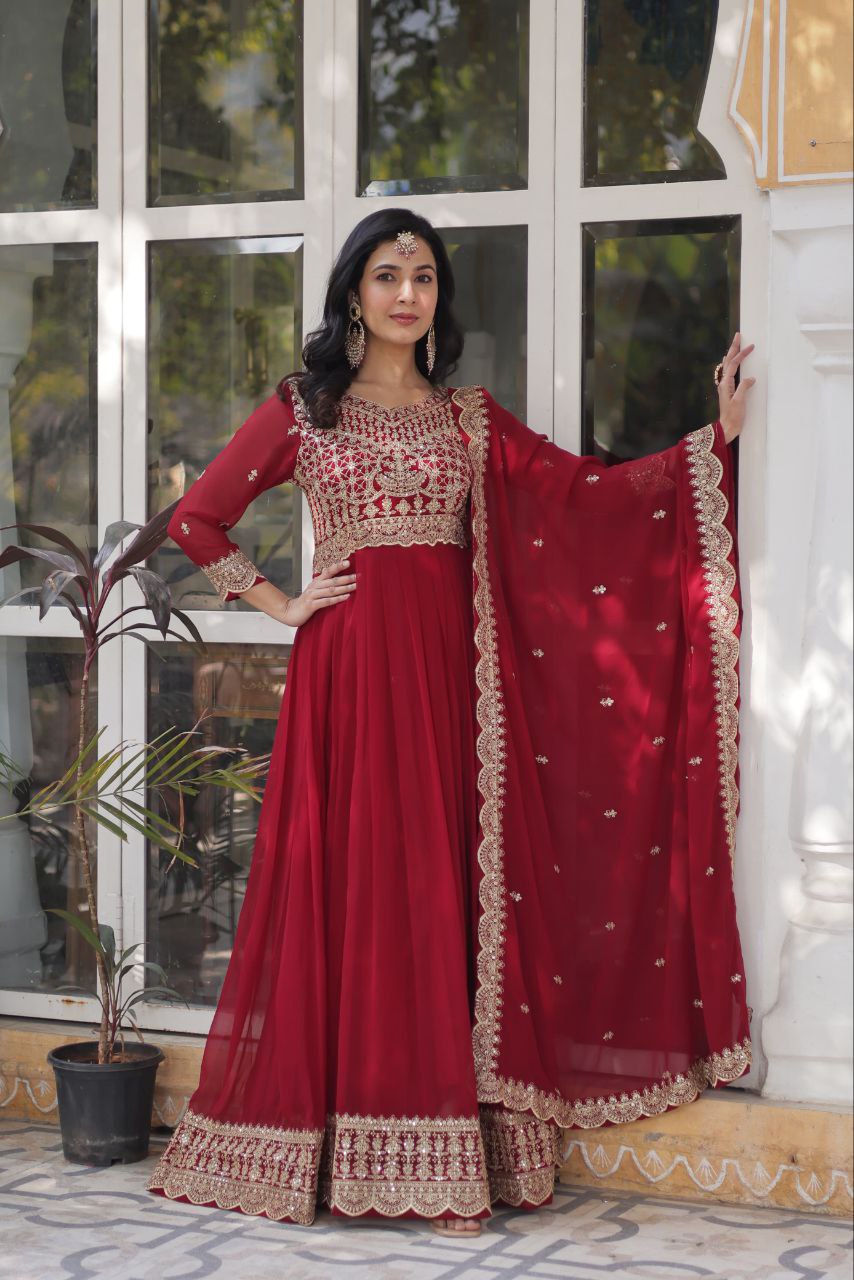 Teeya Creation Maroon Color Faux Georgette Heavy Embroidery Work Fully Stitched Gown | Grocsy