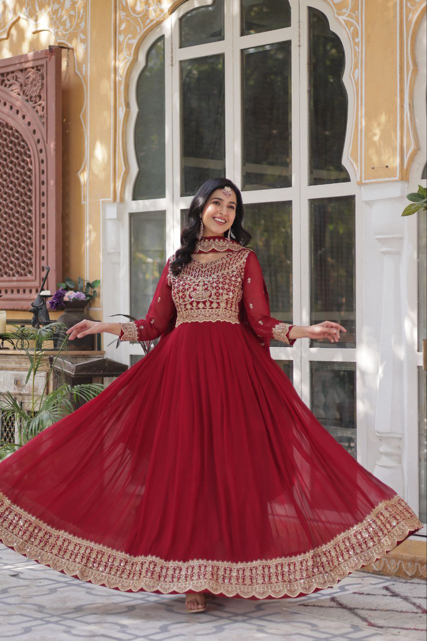 Teeya Creation Maroon Color Faux Georgette Heavy Embroidery Work Fully Stitched Gown | Grocsy