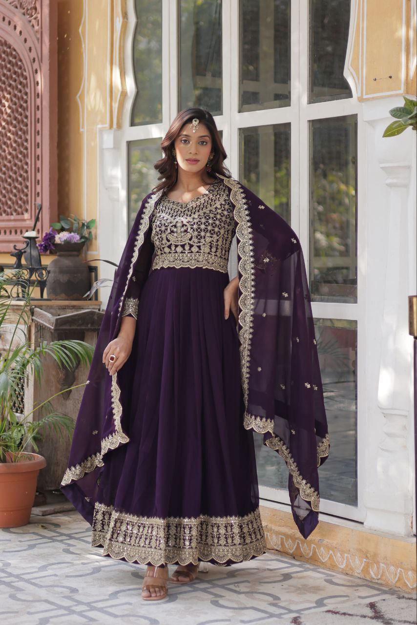 Teeya Creation Purple Color Faux Georgette Heavy Embroidery Work Fully Stitched Gown | Grocsy