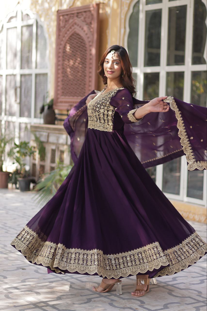 Teeya Creation Purple Color Faux Georgette Heavy Embroidery Work Fully Stitched Gown | Grocsy