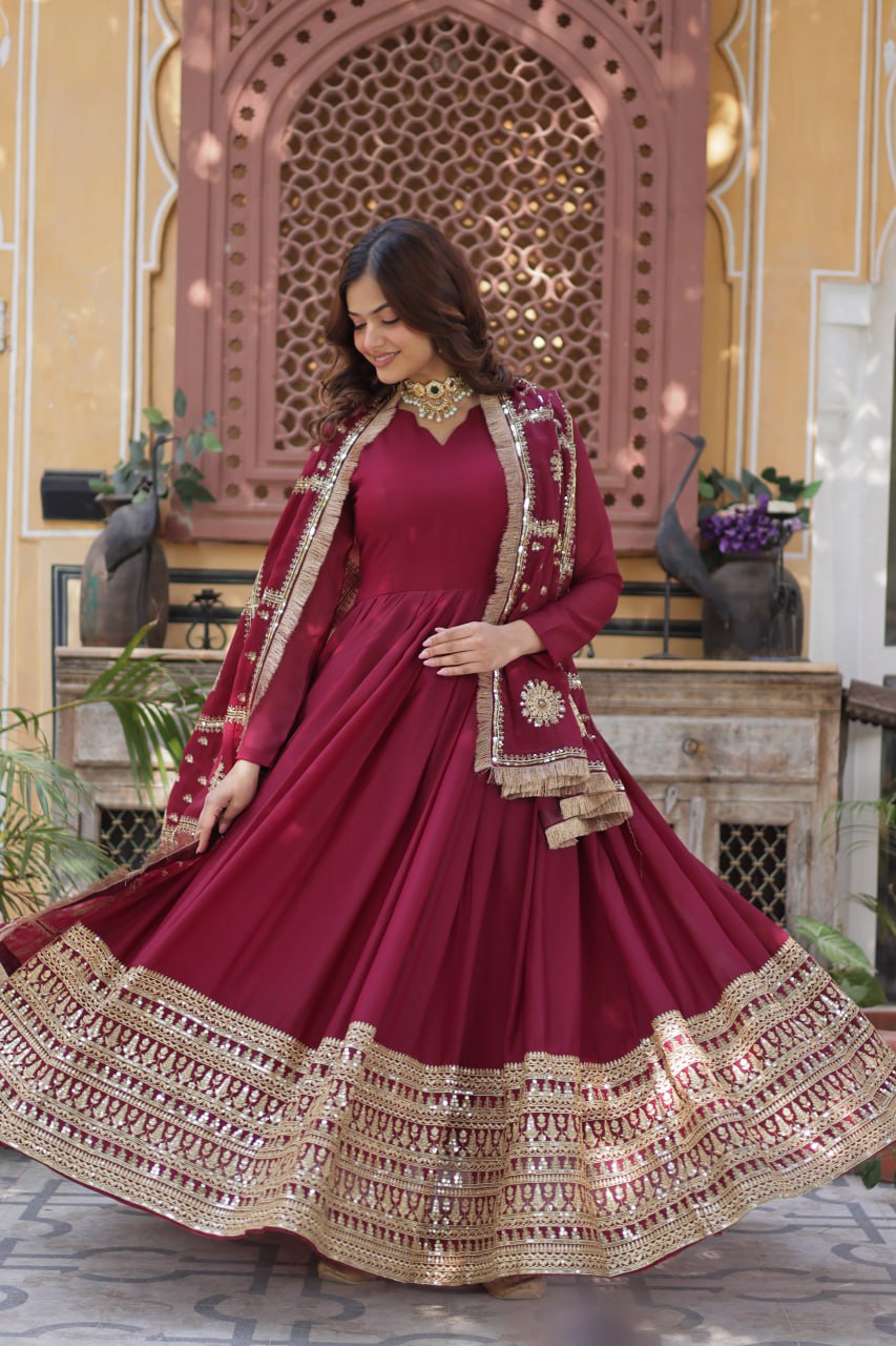 Teeya Creation Maroon Color Stra Georgette Heavy Embroidery Work Fully Stitched Gown | Grocsy