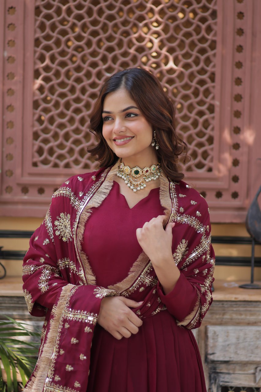 Teeya Creation Maroon Color Stra Georgette Heavy Embroidery Work Fully Stitched Gown | Grocsy