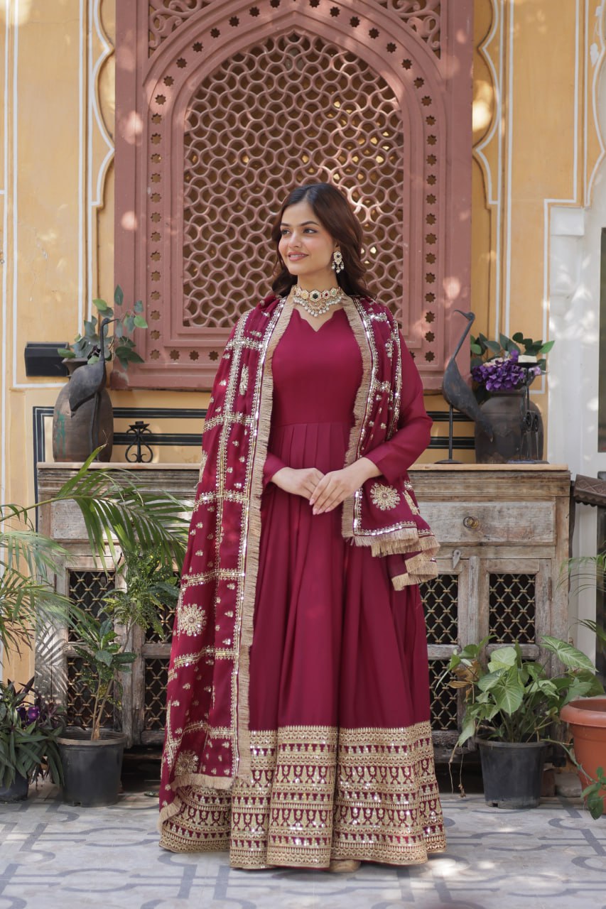 Teeya Creation Maroon Color Stra Georgette Heavy Embroidery Work Fully Stitched Gown | Grocsy