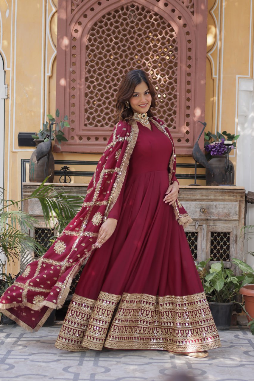 Teeya Creation Maroon Color Stra Georgette Heavy Embroidery Work Fully Stitched Gown | Grocsy