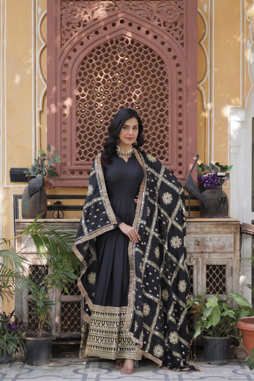 Teeya Creation Black Color Stra Georgette Heavy Embroidery Work Fully Stitched Gown | Grocsy