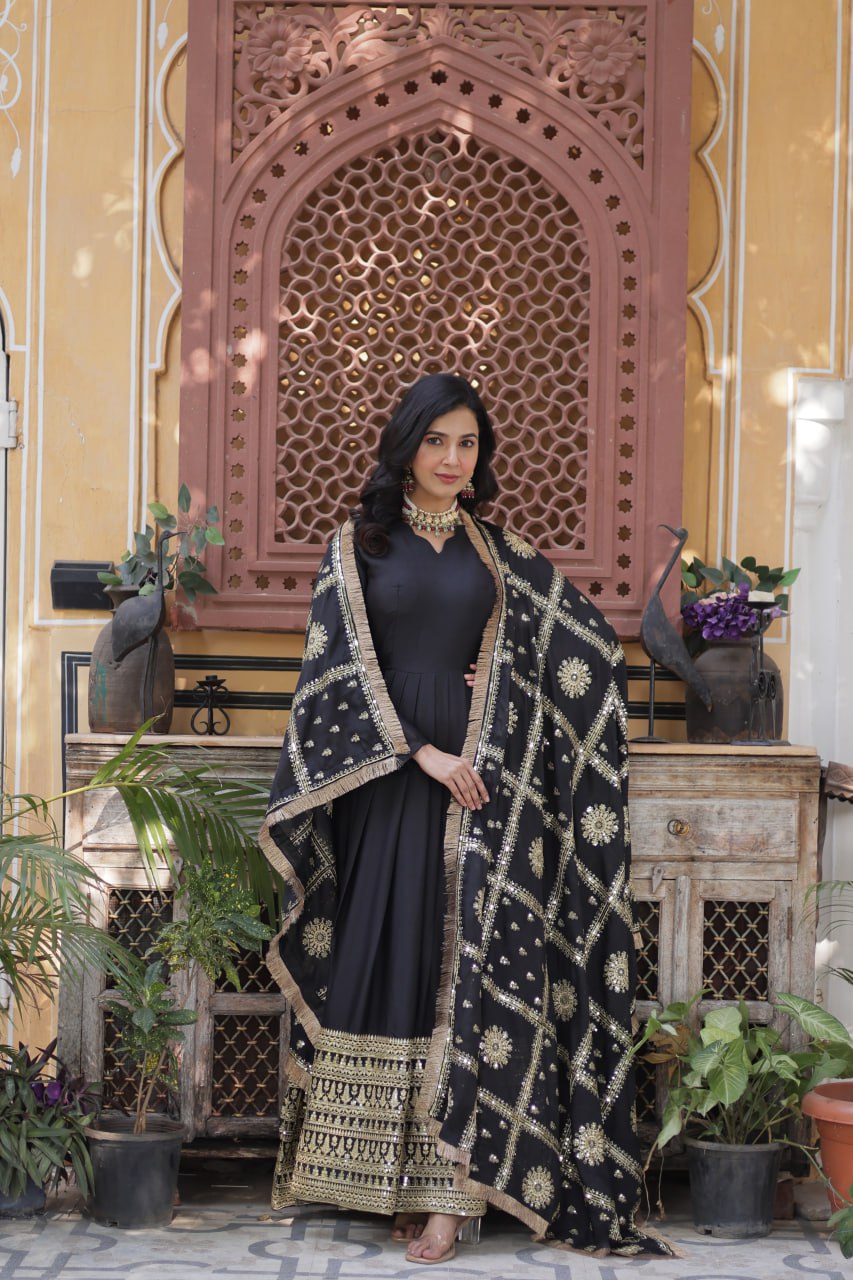 Teeya Creation Black Color Stra Georgette Heavy Embroidery Work Fully Stitched Gown | Grocsy