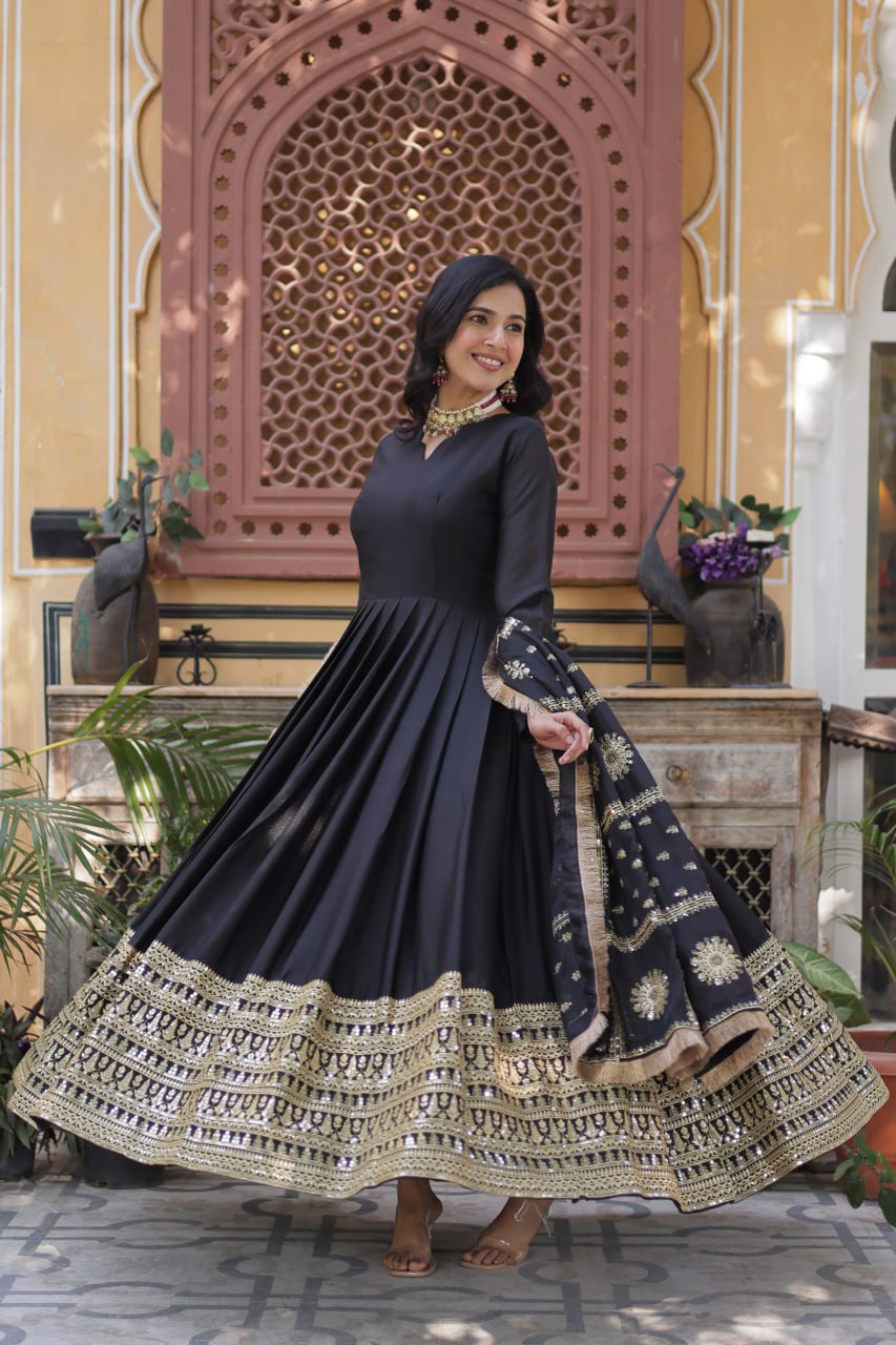 Teeya Creation Black Color Stra Georgette Heavy Embroidery Work Fully Stitched Gown | Grocsy
