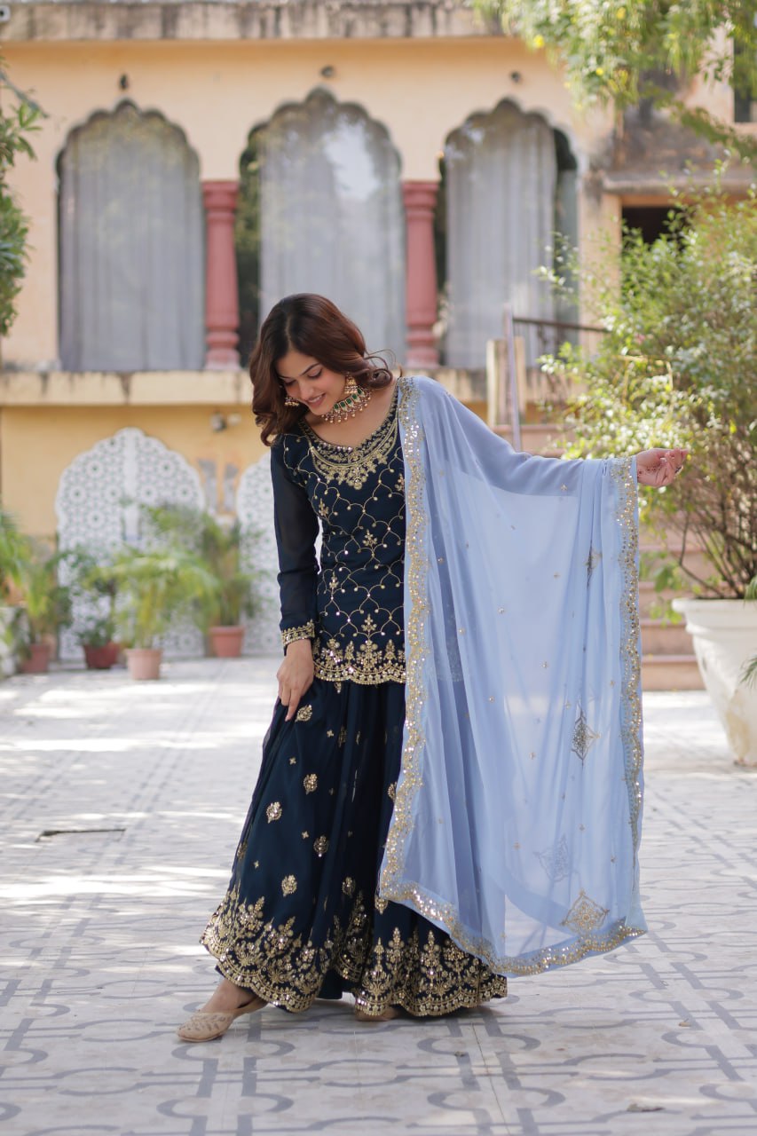 Teeya Creation Blue Color Faux georgette Heavy Embroidery Work Fully Stitched Palazzo | Grocsy