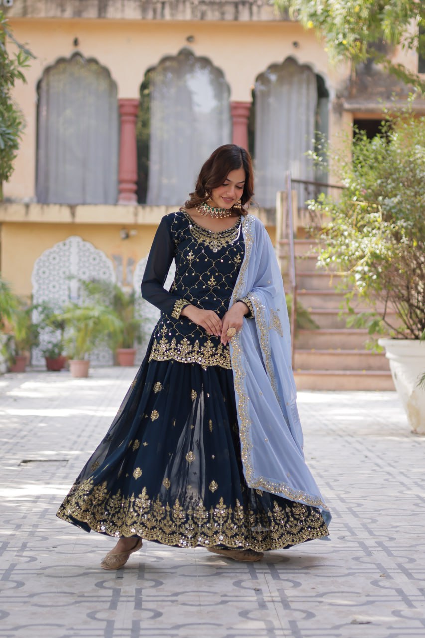 Teeya Creation Blue Color Faux georgette Heavy Embroidery Work Fully Stitched Palazzo | Grocsy
