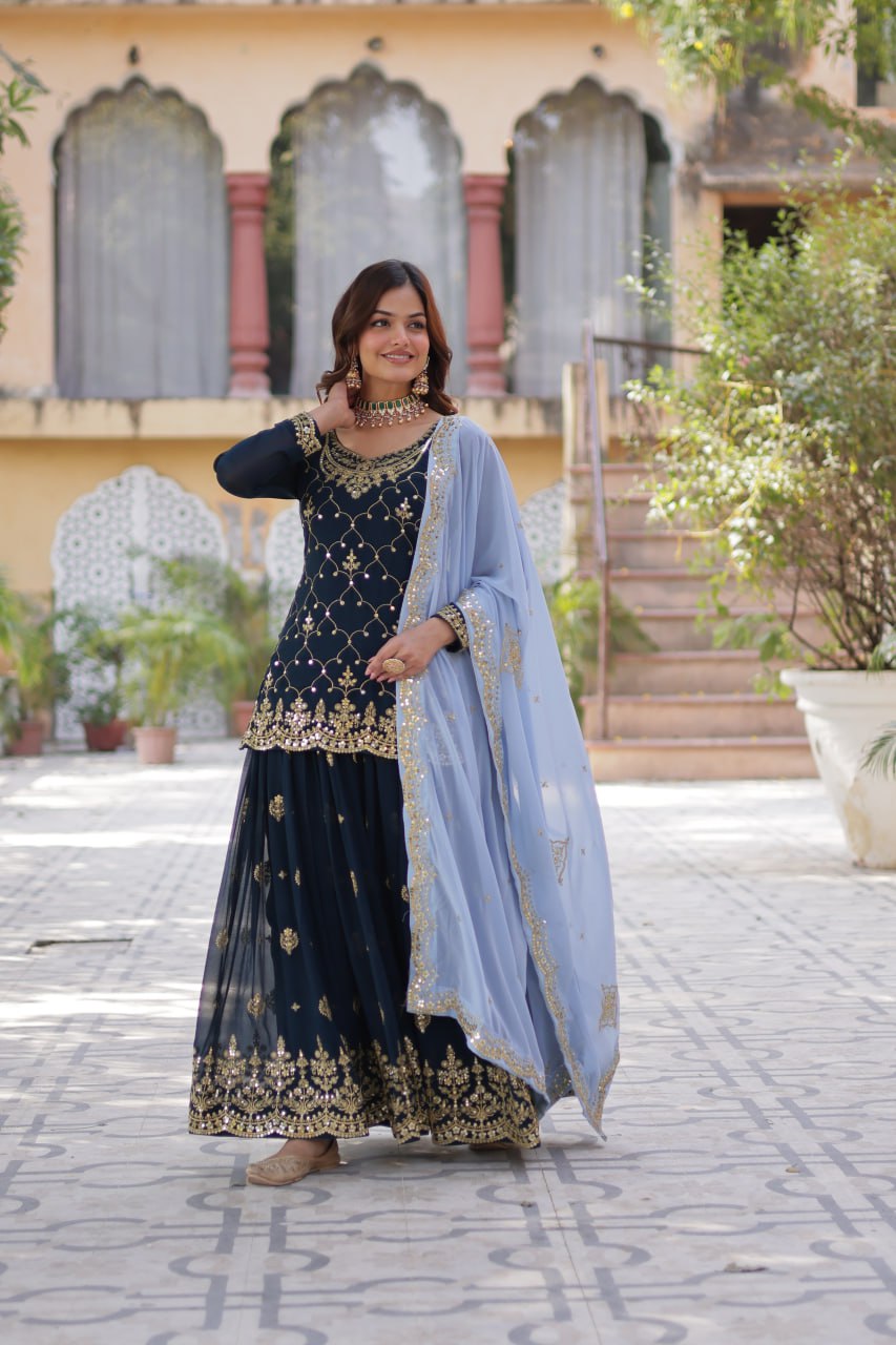 Teeya Creation Blue Color Faux georgette Heavy Embroidery Work Fully Stitched Palazzo | Grocsy