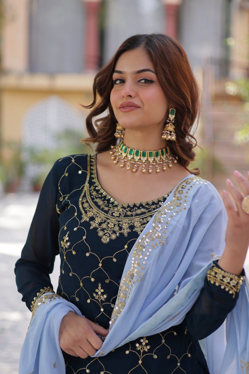 Teeya Creation Blue Color Faux georgette Heavy Embroidery Work Fully Stitched Palazzo | Grocsy