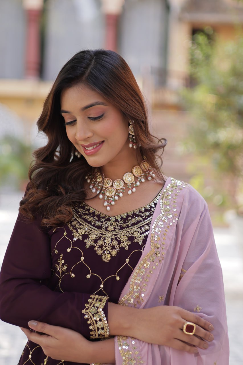 Teeya Creation Wine Color Faux georgette Heavy Embroidery Work Fully Stitched Palazzo | Grocsy