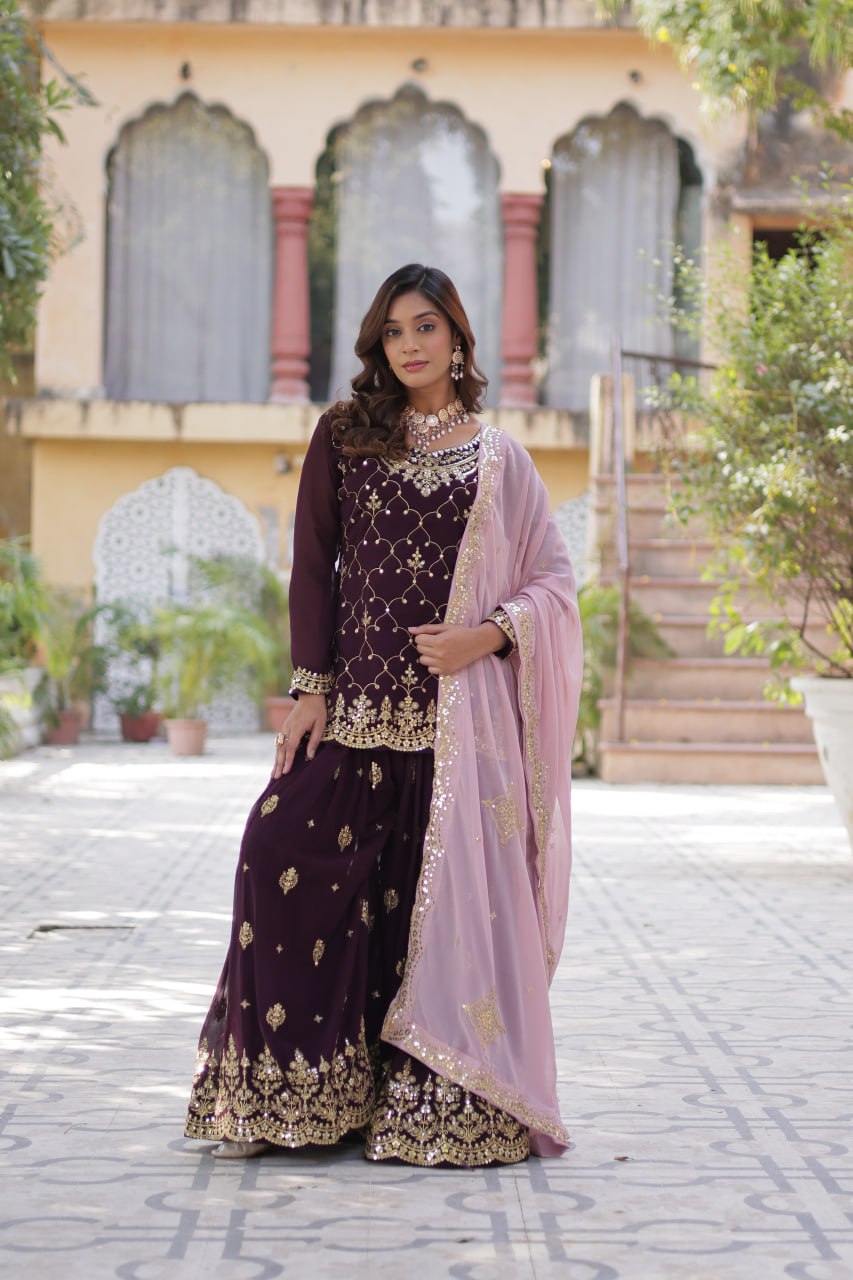 Teeya Creation Wine Color Faux georgette Heavy Embroidery Work Fully Stitched Palazzo | Grocsy