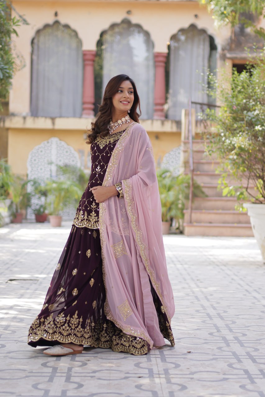 Teeya Creation Wine Color Faux georgette Heavy Embroidery Work Fully Stitched Palazzo | Grocsy