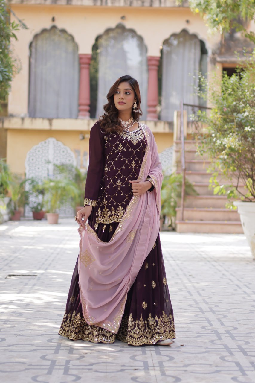 Teeya Creation Wine Color Faux georgette Heavy Embroidery Work Fully Stitched Palazzo | Grocsy