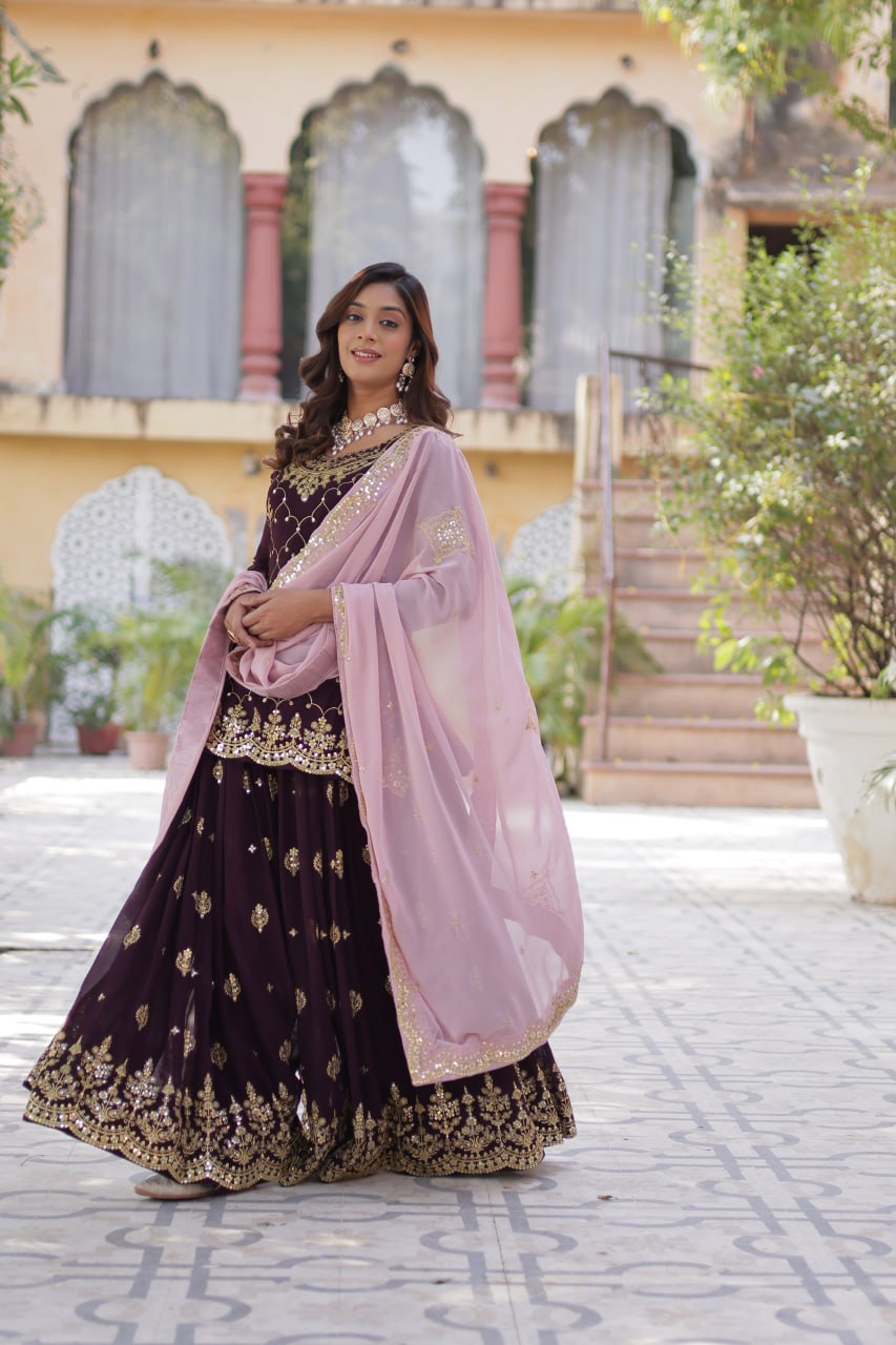 Teeya Creation Wine Color Faux georgette Heavy Embroidery Work Fully Stitched Palazzo | Grocsy