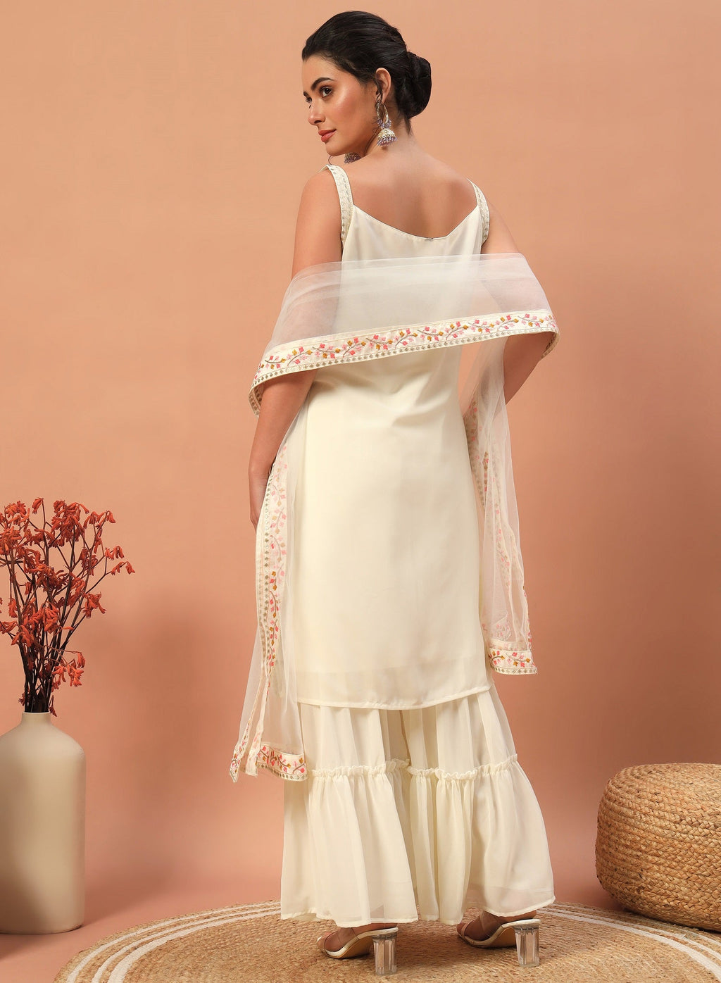 Teeya Creation Cream Color Faux georgette Heavy Embroidery Work Fully Stitched Sharara Set | Grocsy