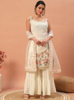 Teeya Creation Cream Color Faux georgette Heavy Embroidery Work Fully Stitched Sharara Set | Grocsy