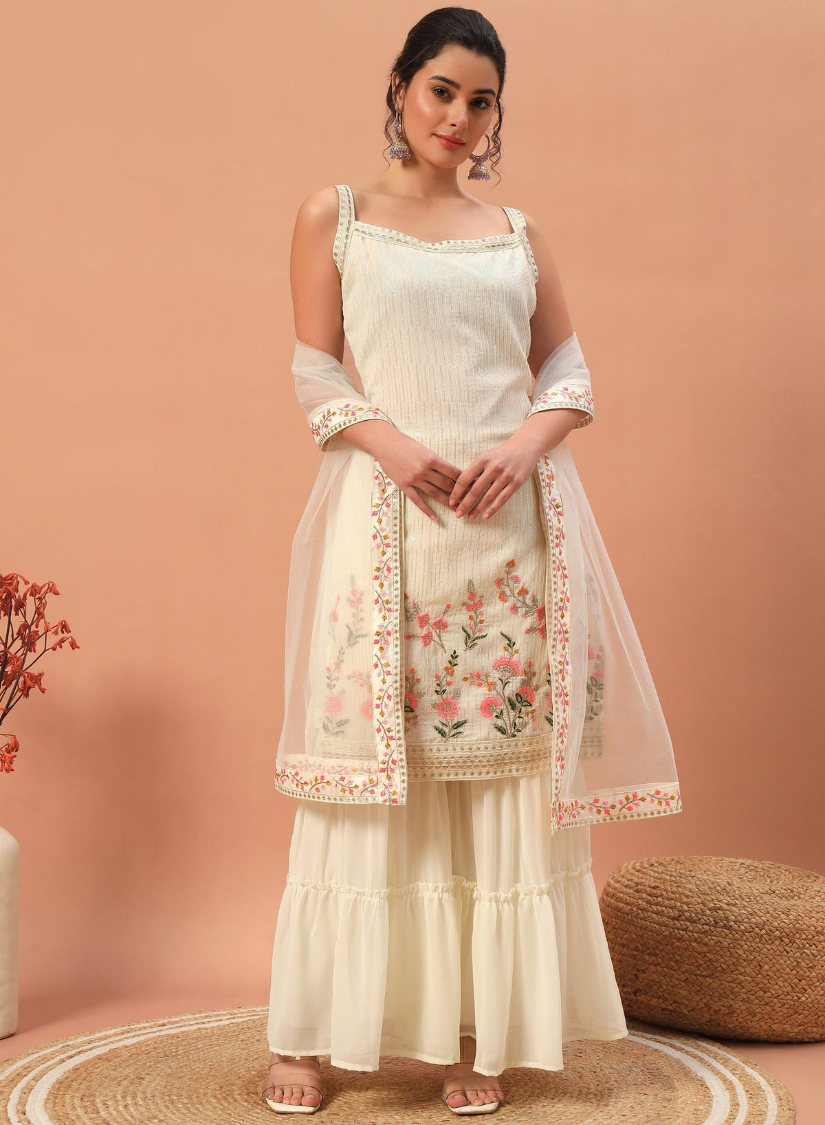 Teeya Creation Cream Color Faux georgette Heavy Embroidery Work Fully Stitched Sharara Set | Grocsy