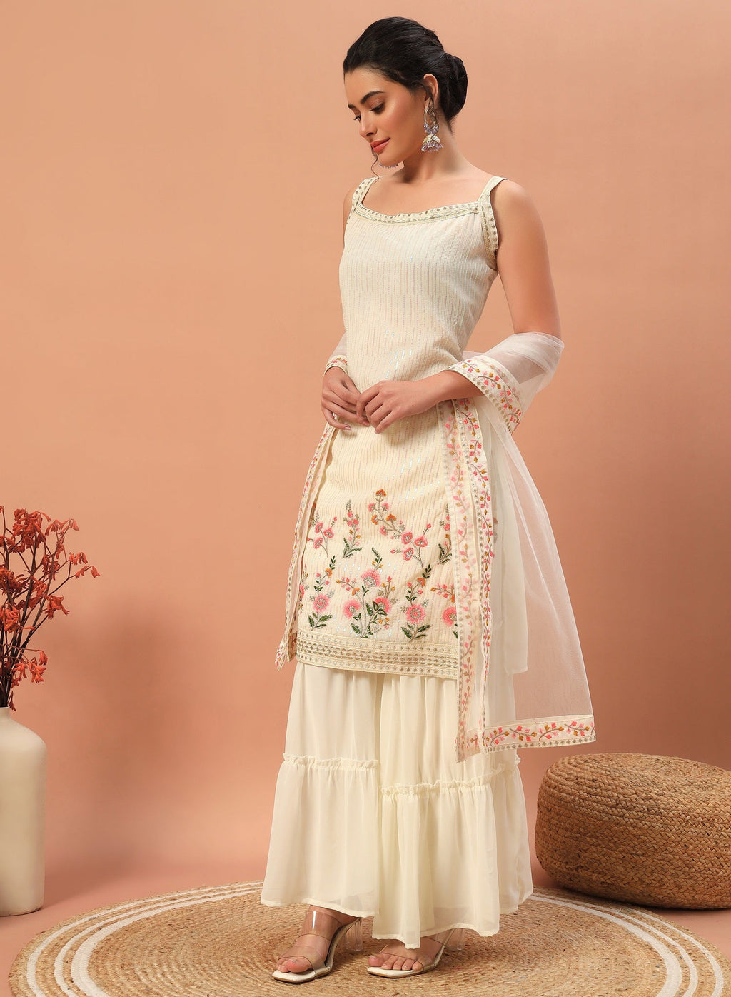 Teeya Creation Cream Color Faux georgette Heavy Embroidery Work Fully Stitched Sharara Set | Grocsy