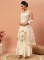 Teeya Creation Cream Color Faux georgette Heavy Embroidery Work Fully Stitched Sharara Set | Grocsy