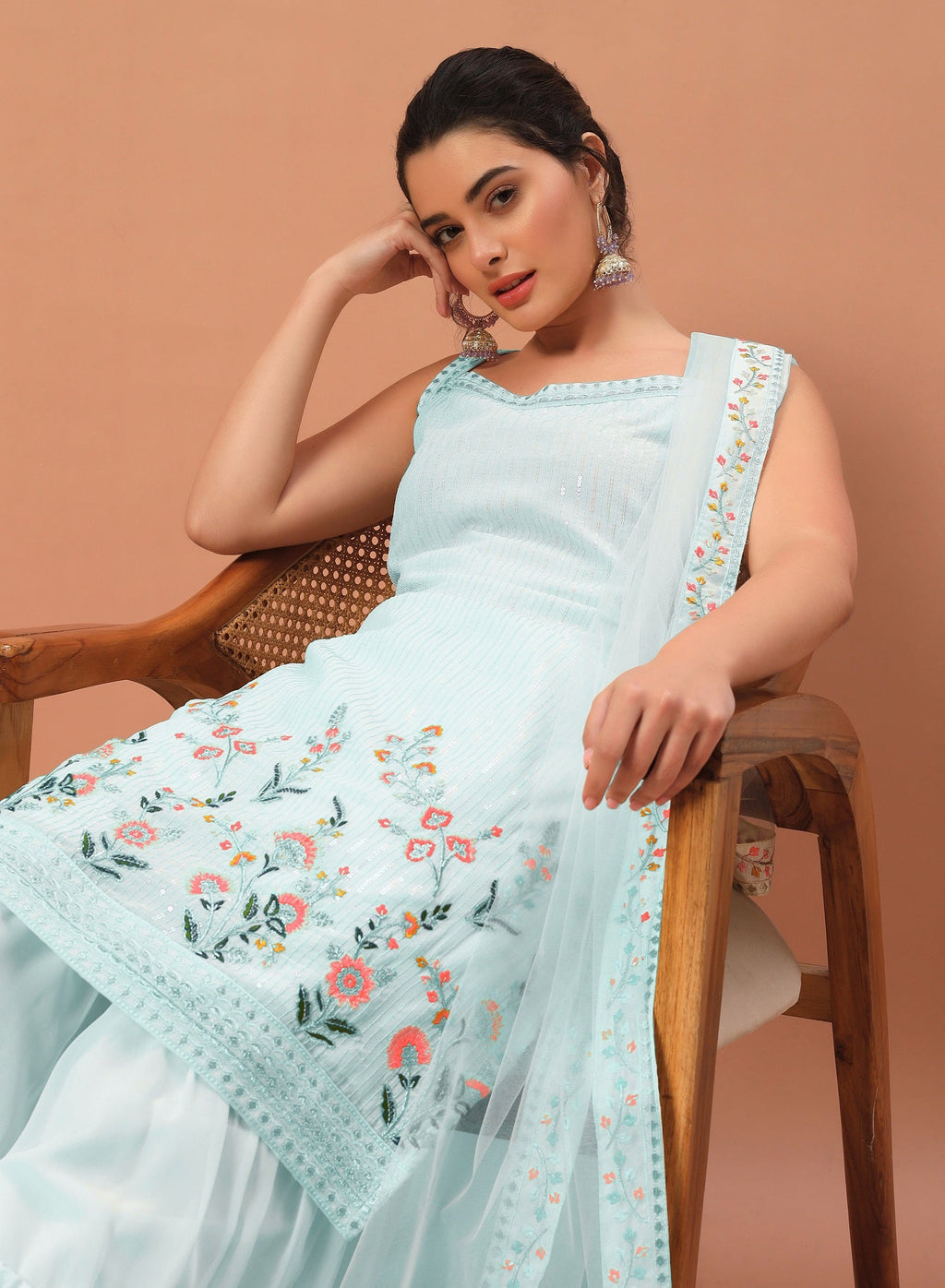 Teeya Creation Sky Color Faux georgette Heavy Embroidery Work Fully Stitched Sharara Set | Grocsy