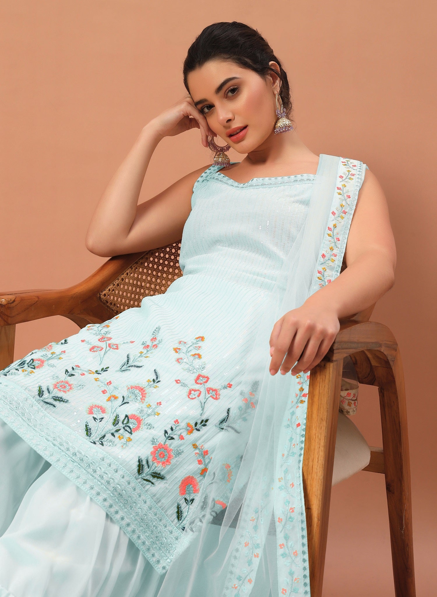 Teeya Creation Sky Color Faux georgette Heavy Embroidery Work Fully Stitched Sharara Set | Grocsy