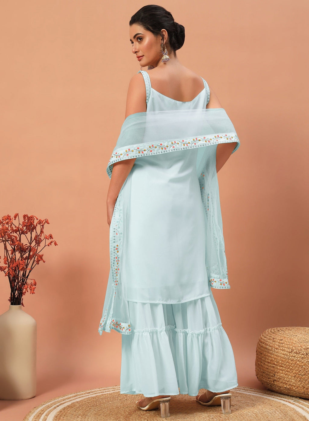 Teeya Creation Sky Color Faux georgette Heavy Embroidery Work Fully Stitched Sharara Set | Grocsy