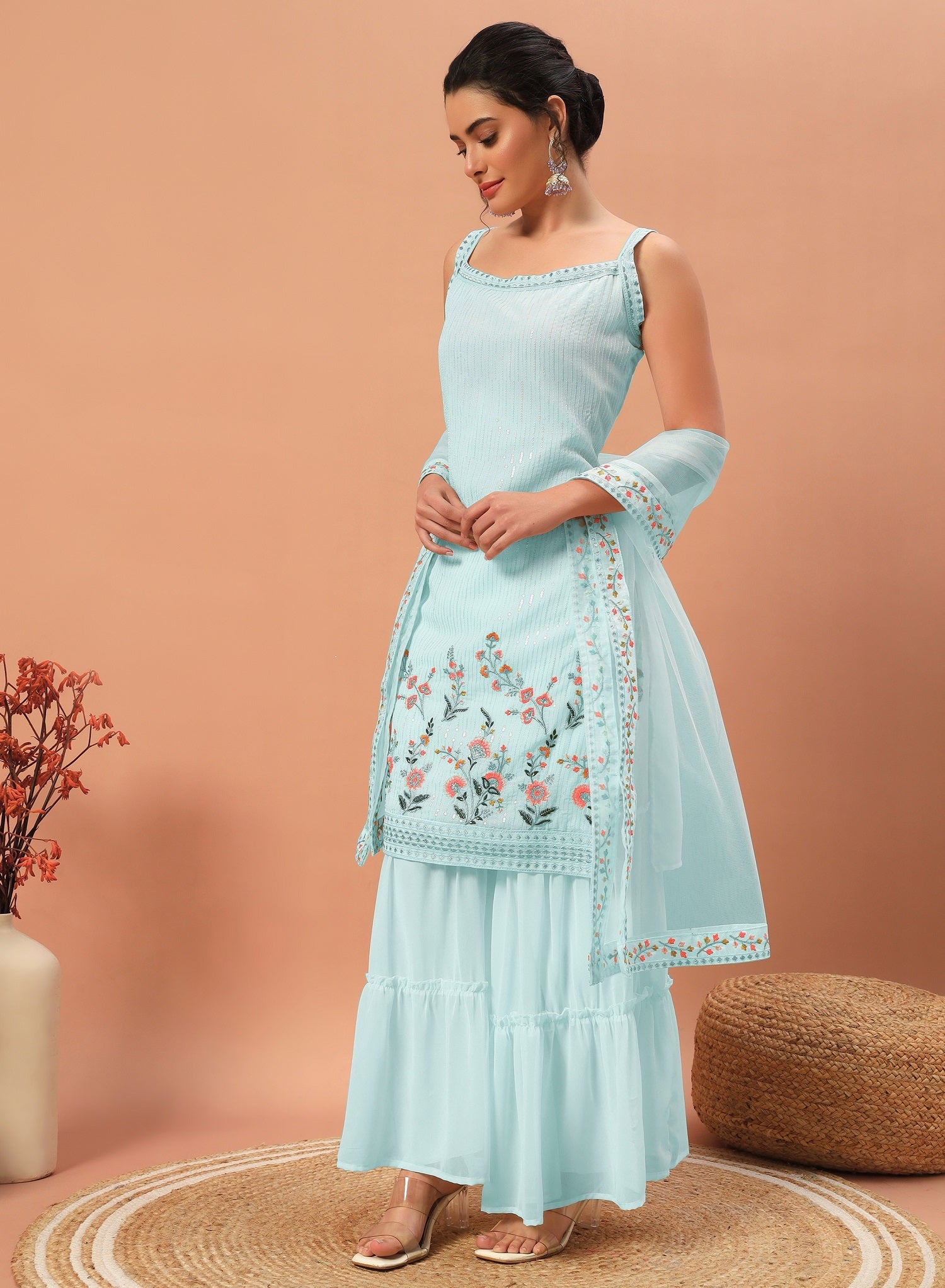 Teeya Creation Sky Color Faux georgette Heavy Embroidery Work Fully Stitched Sharara Set | Grocsy