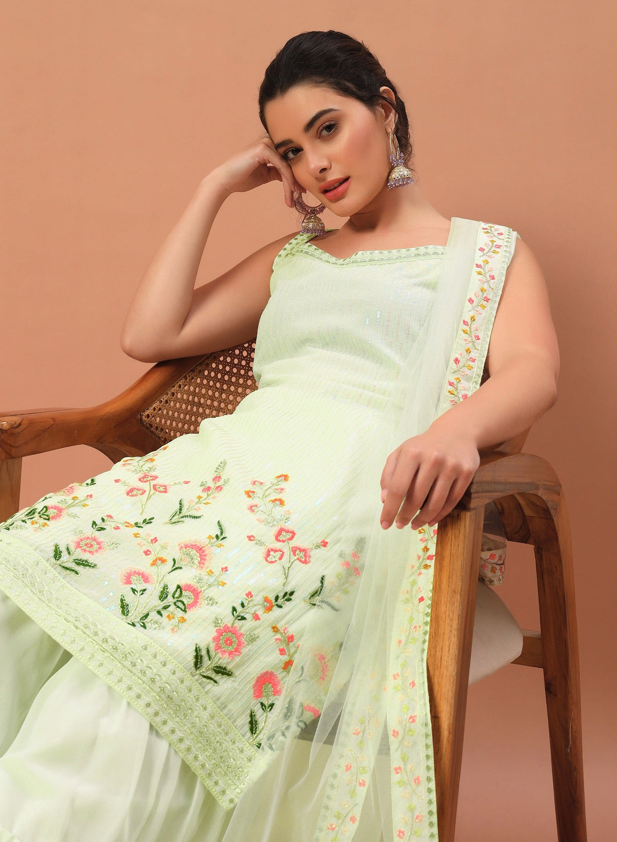 Teeya Creation Pista Color Faux georgette Heavy Embroidery Work Fully Stitched Sharara Set | Grocsy