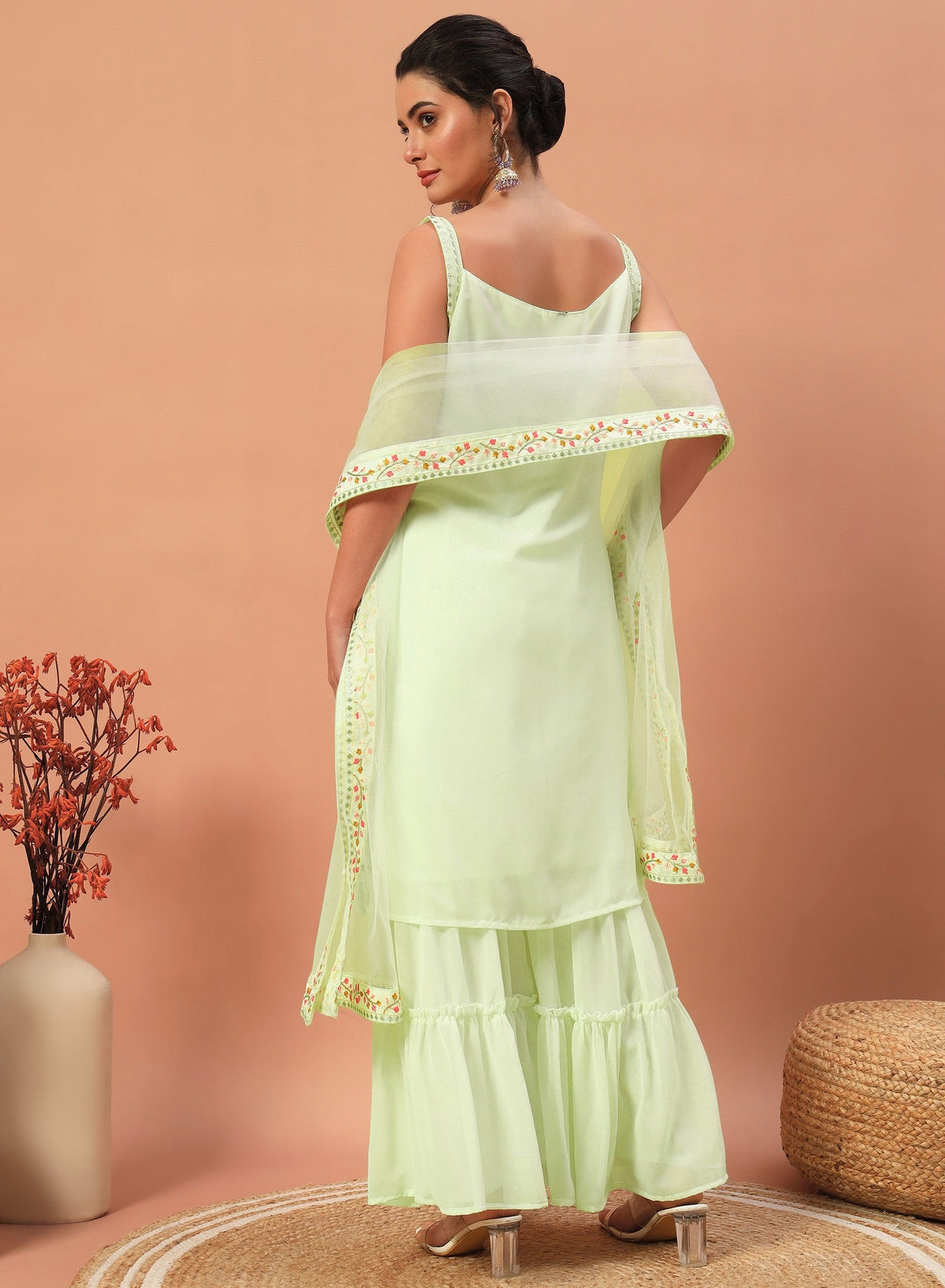 Teeya Creation Pista Color Faux georgette Heavy Embroidery Work Fully Stitched Sharara Set | Grocsy