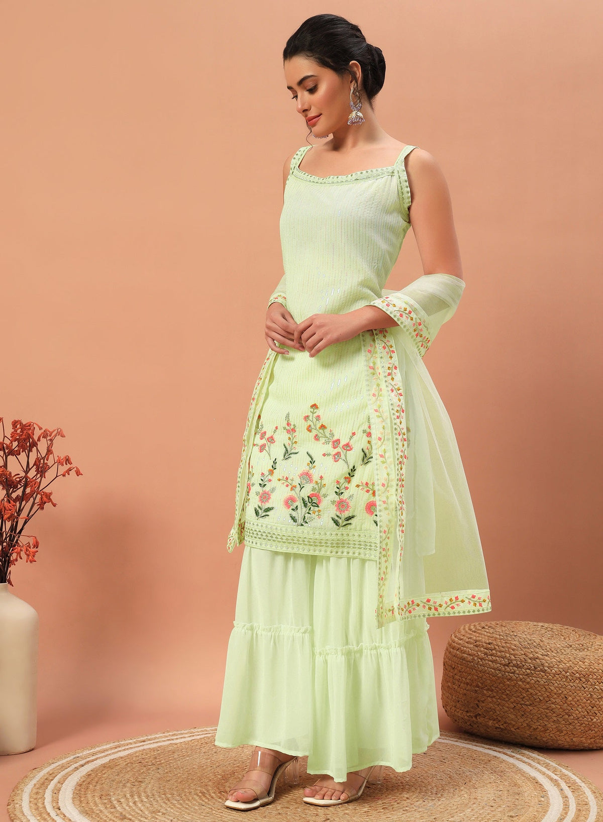 Teeya Creation Pista Color Faux georgette Heavy Embroidery Work Fully Stitched Sharara Set | Grocsy
