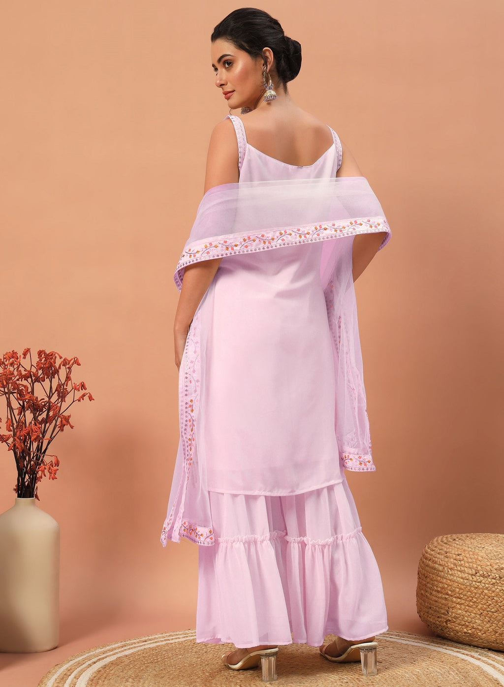 Teeya Creation Pink Color Faux georgette Heavy Embroidery Work Fully Stitched Sharara Set | Grocsy