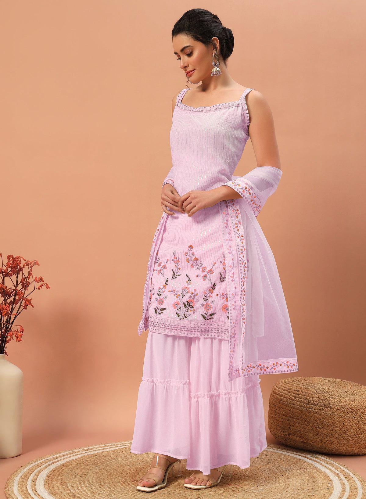 Teeya Creation Pink Color Faux georgette Heavy Embroidery Work Fully Stitched Sharara Set | Grocsy