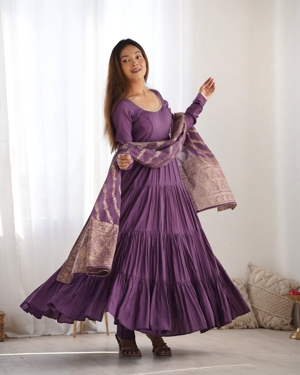 Teeya Creation Violet Color Pure Roman Silk Chanderi Fully Flared Anarkali Gown | Grocsy