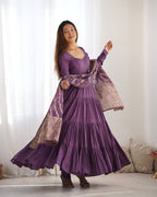 Teeya Creation Violet Color Pure Roman Silk Chanderi Fully Flared Anarkali Gown | Grocsy