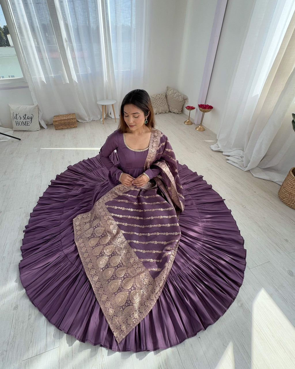 Teeya Creation Violet Color Pure Roman Silk Chanderi Fully Flared Anarkali Gown | Grocsy