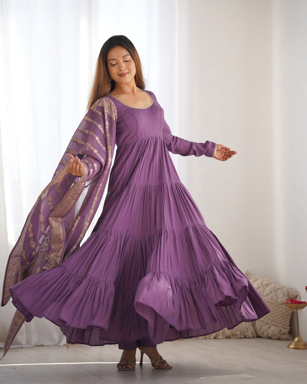Teeya Creation Violet Color Pure Roman Silk Chanderi Fully Flared Anarkali Gown | Grocsy