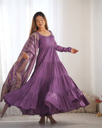Teeya Creation Violet Color Pure Roman Silk Chanderi Fully Flared Anarkali Gown | Grocsy