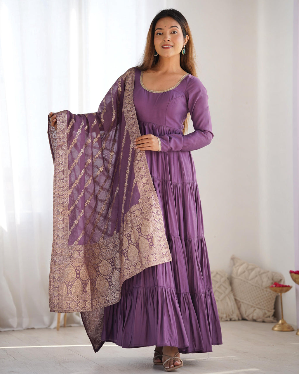 Teeya Creation Violet Color Pure Roman Silk Chanderi Fully Flared Anarkali Gown | Grocsy