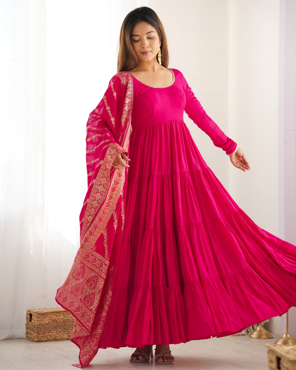 Teeya Creation Pink Color Pure Roman Silk Chanderi Fully Flared Anarkali Gown | Grocsy