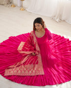 Teeya Creation Pink Color Pure Roman Silk Chanderi Fully Flared Anarkali Gown | Grocsy