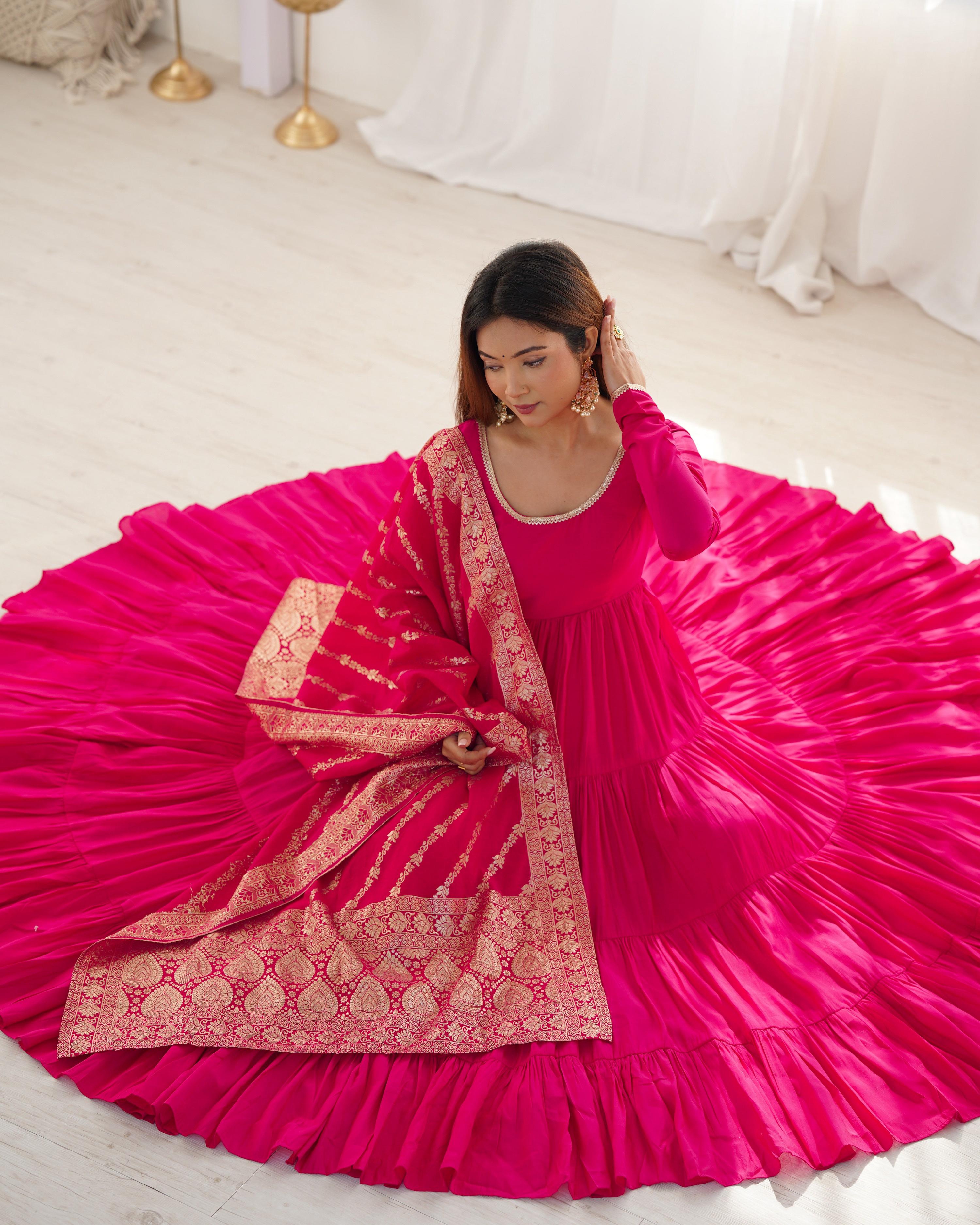 Teeya Creation Pink Color Pure Roman Silk Chanderi Fully Flared Anarkali Gown | Grocsy