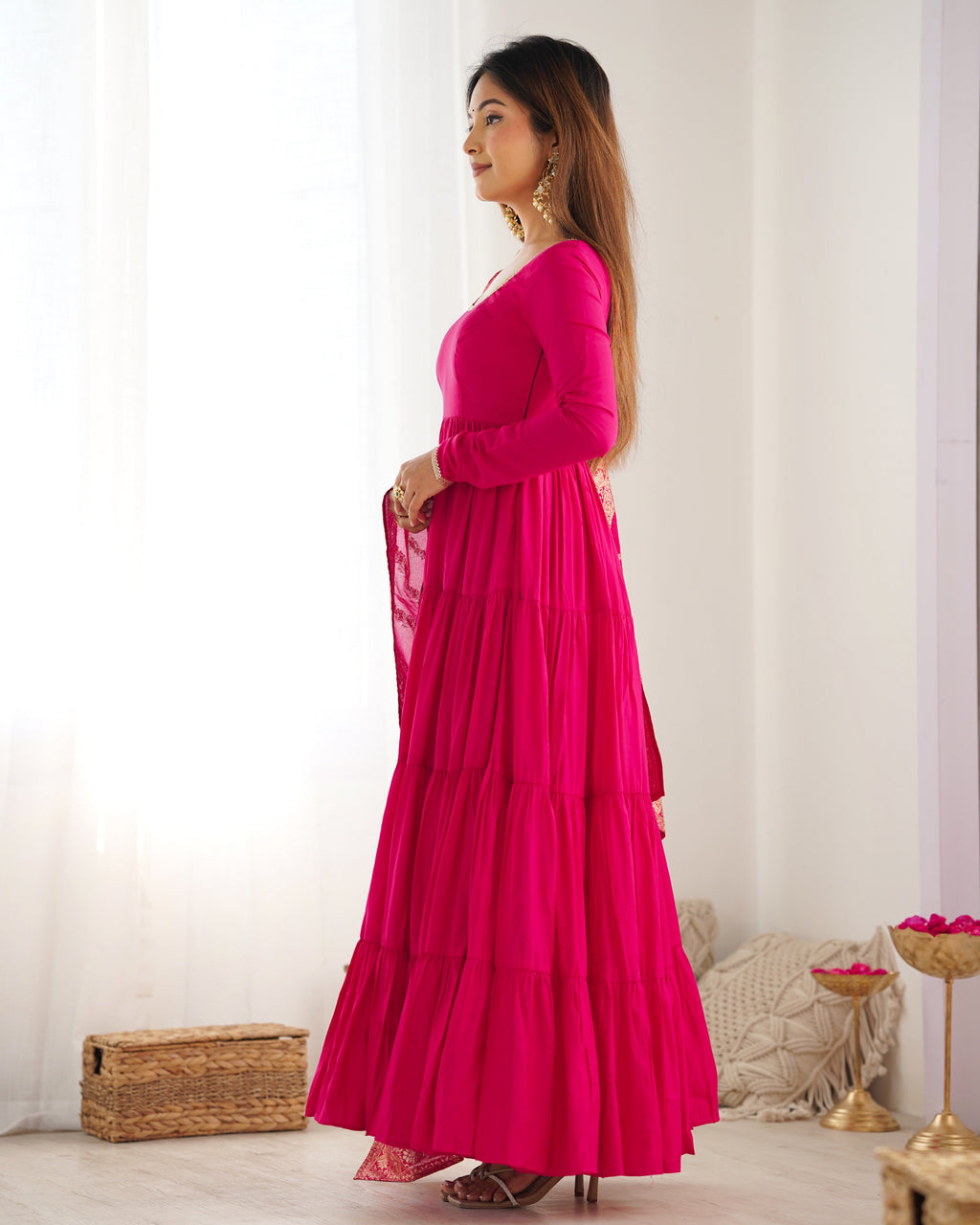 Teeya Creation Pink Color Pure Roman Silk Chanderi Fully Flared Anarkali Gown | Grocsy