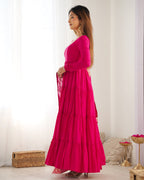 Teeya Creation Pink Color Pure Roman Silk Chanderi Fully Flared Anarkali Gown | Grocsy