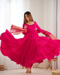 Teeya Creation Pink Color Pure Roman Silk Chanderi Fully Flared Anarkali Gown | Grocsy