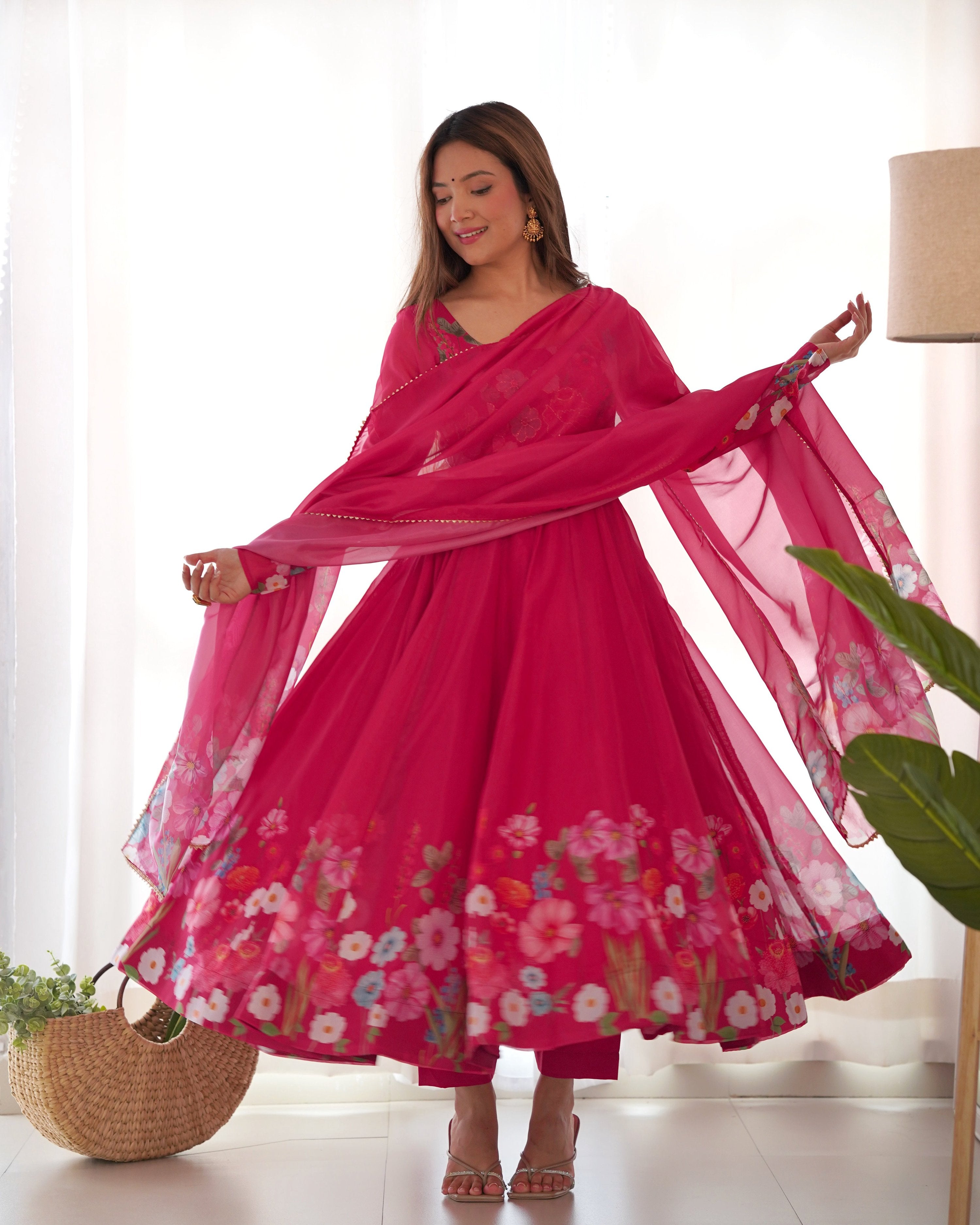 Teeya Creation Multi Color Pure Soft organza Silk Digital Printed Anrakaly Gown | Grocsy