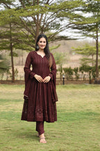 Teeya Creation Coffee Color Georgette Fabric Heavy Embroidery Work Fully Stitched Gown | Grocsy