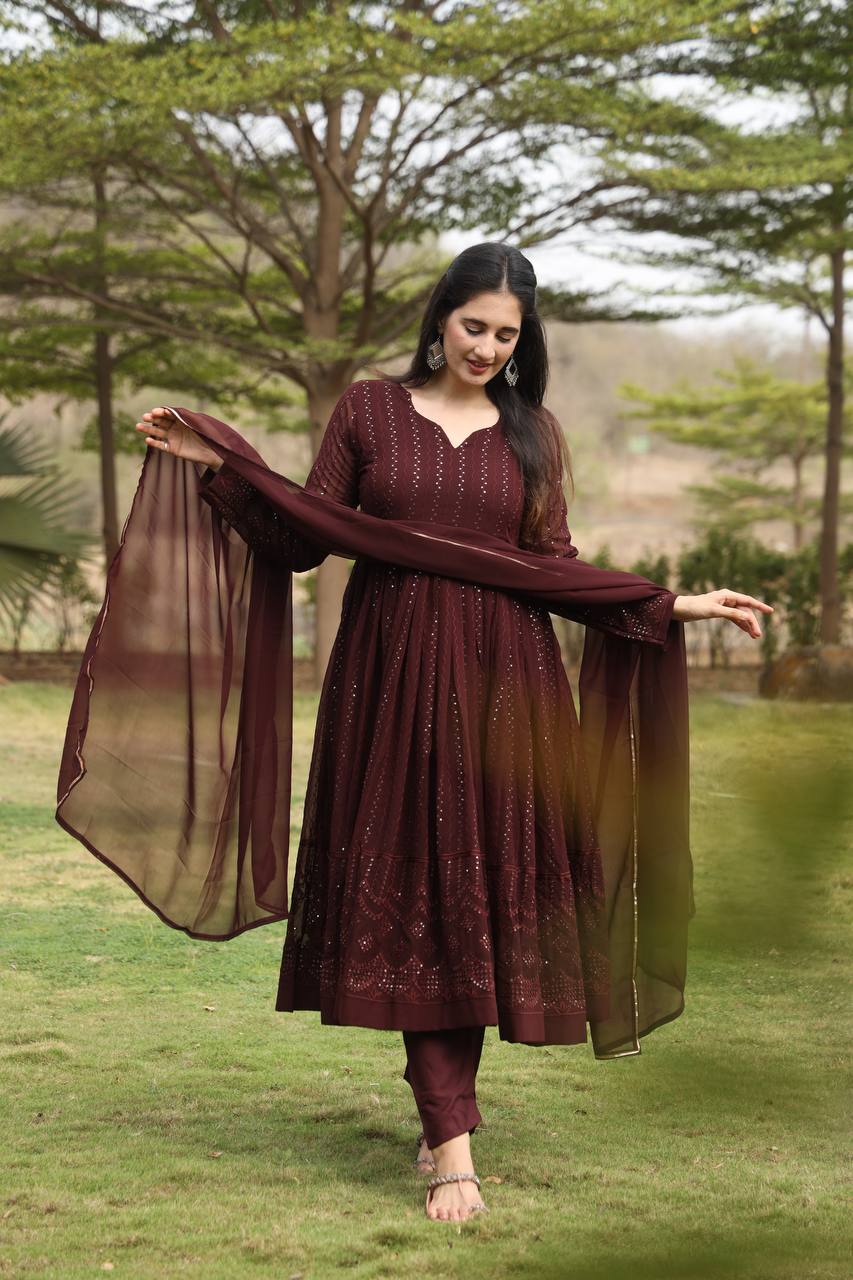 Teeya Creation Coffee Color Georgette Fabric Heavy Embroidery Work Fully Stitched Gown | Grocsy